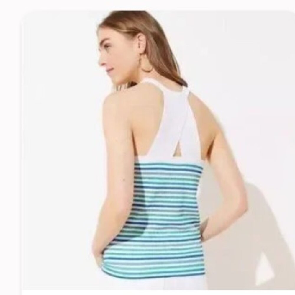 Loft Knit Halter Tank Top Teal Aqua Blue Green White Stripe................726